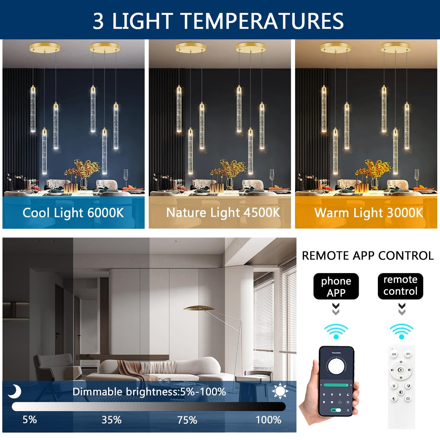 Pendant Lights Kitchen Island Mini Chandelier Gold Pendant Light Crystal Light fixtures Adjustable Hanging Ceiling Hanging Lights Bubble Mini Crystal Ceiling Light for Dining Room Bedroom 2700K 6000K