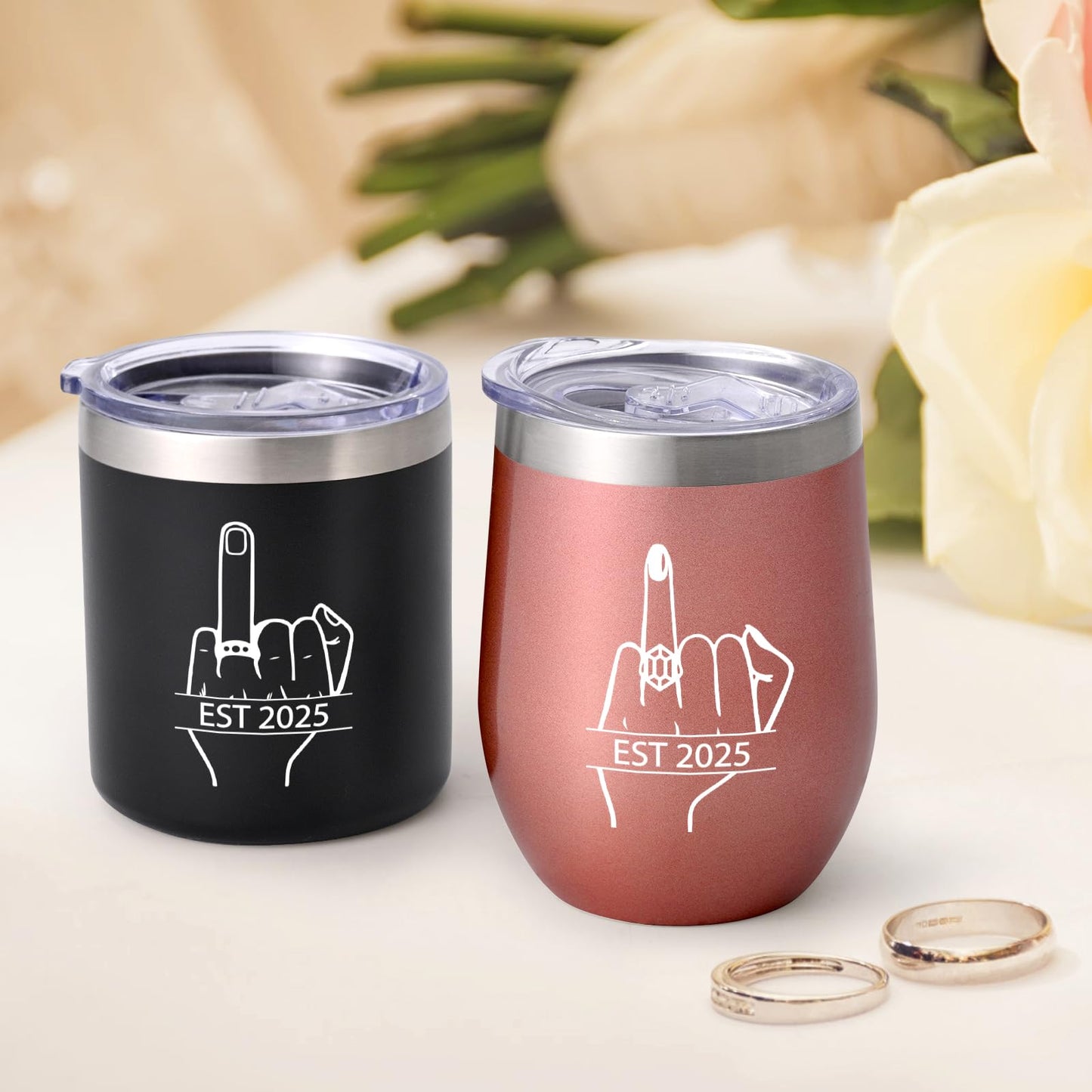 Qtencas Ring Finger EST 2025 Stainless Steel Whiskey & Wine Tumbler Set, Wedding Gift for Couple, Unique Engagement Present for Friends Mr Mrs His Her Just Married, 12oz Black & Rose Gold