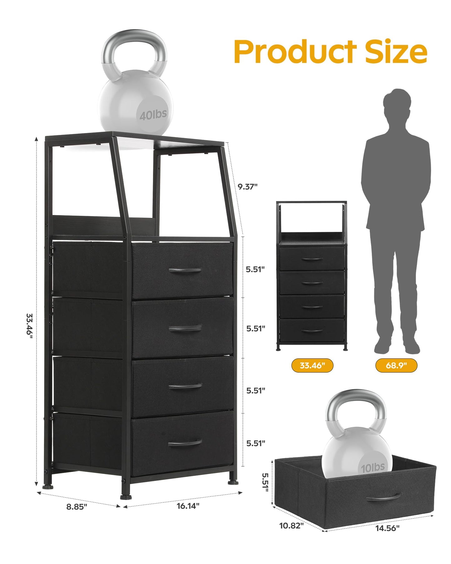 YNCLCS Dresser for Bedroom, Fabric Nightstand Tall Dresser & Chests of Drawers with 4 Drawers, Vertical Organizer Storage Tower Unit for Bedroom, Hallway, Entryway Black