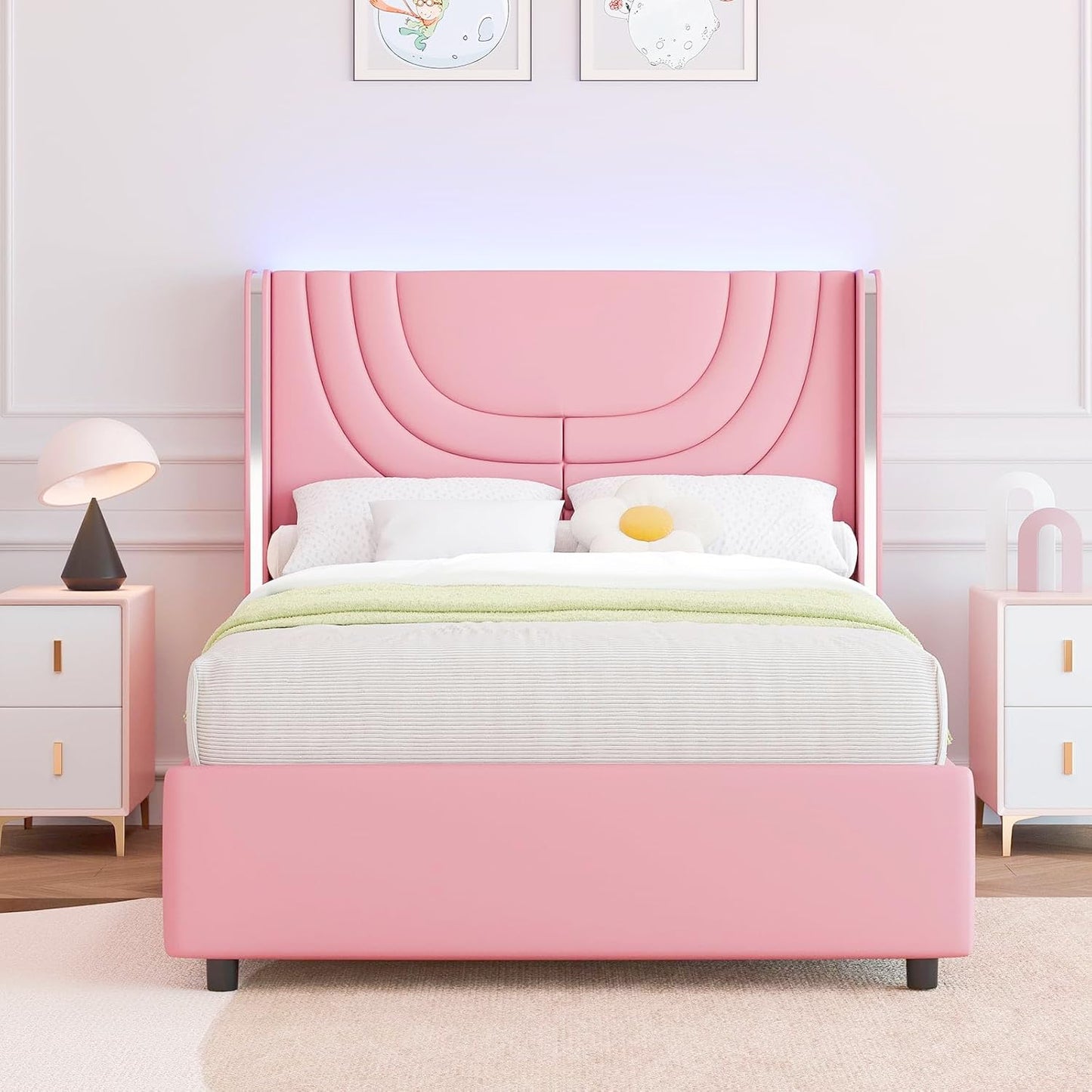 REVOMINCA Pink Twin Bed Frame with LED Lights, Faux Leather Upholstered Platform with Silver Wingback Headboard, Modern Style, No Box Spring Needed, Easy Assembly