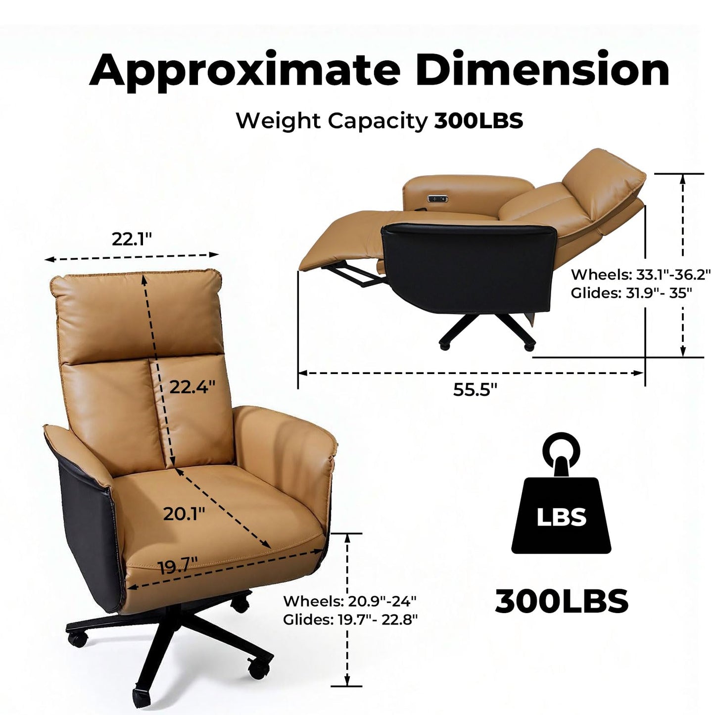 Liftsync Big and Tall Executive Recliner, Adjustable Electric Office Chair 90-155° with Footrest, 4-Position Headrest, 300LBS Heavy Duty, 2-in-1 Base Swivel Desk Chair w/USB, Brown & Black PU Leather
