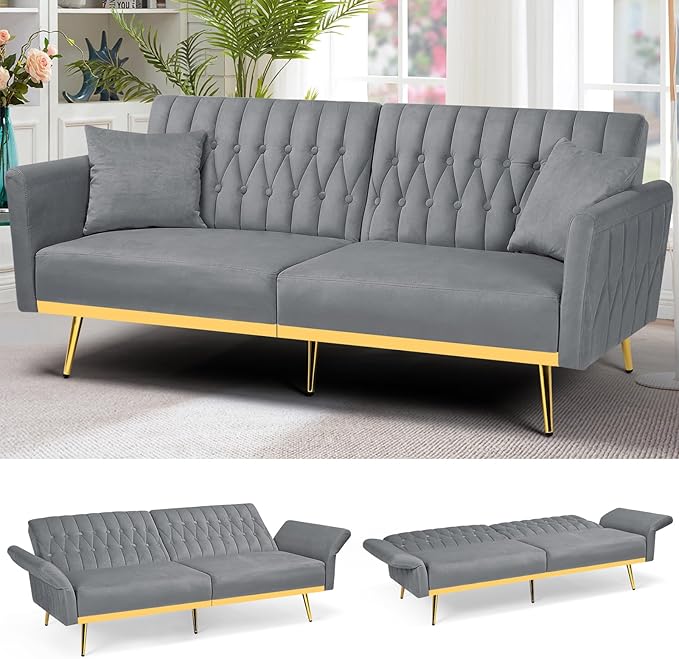 ACMEASE 70” Velvet Futon Sofa Bed with 2 Pillows and Adjustable Armrests, Convertible Sleeper Bed W/Adjustable Backrests, Modern Loveseat for Living Room, Bedroom, Light Grey
