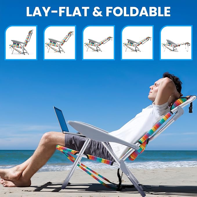 Canpsky Portable Beach Chair for Adults, Outdoor Camping Chair Lay Flat Folding Backpack Beach Reclining Chair with 5 Positions, Headrest, Cup Holder, Heavy Rainbow Striped