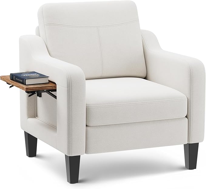 Accent Chair for Living Room Modern Linen Upholstered Armchair Side Wooden Fabric Sofa Chair with Foldable Table 2 Side Po...