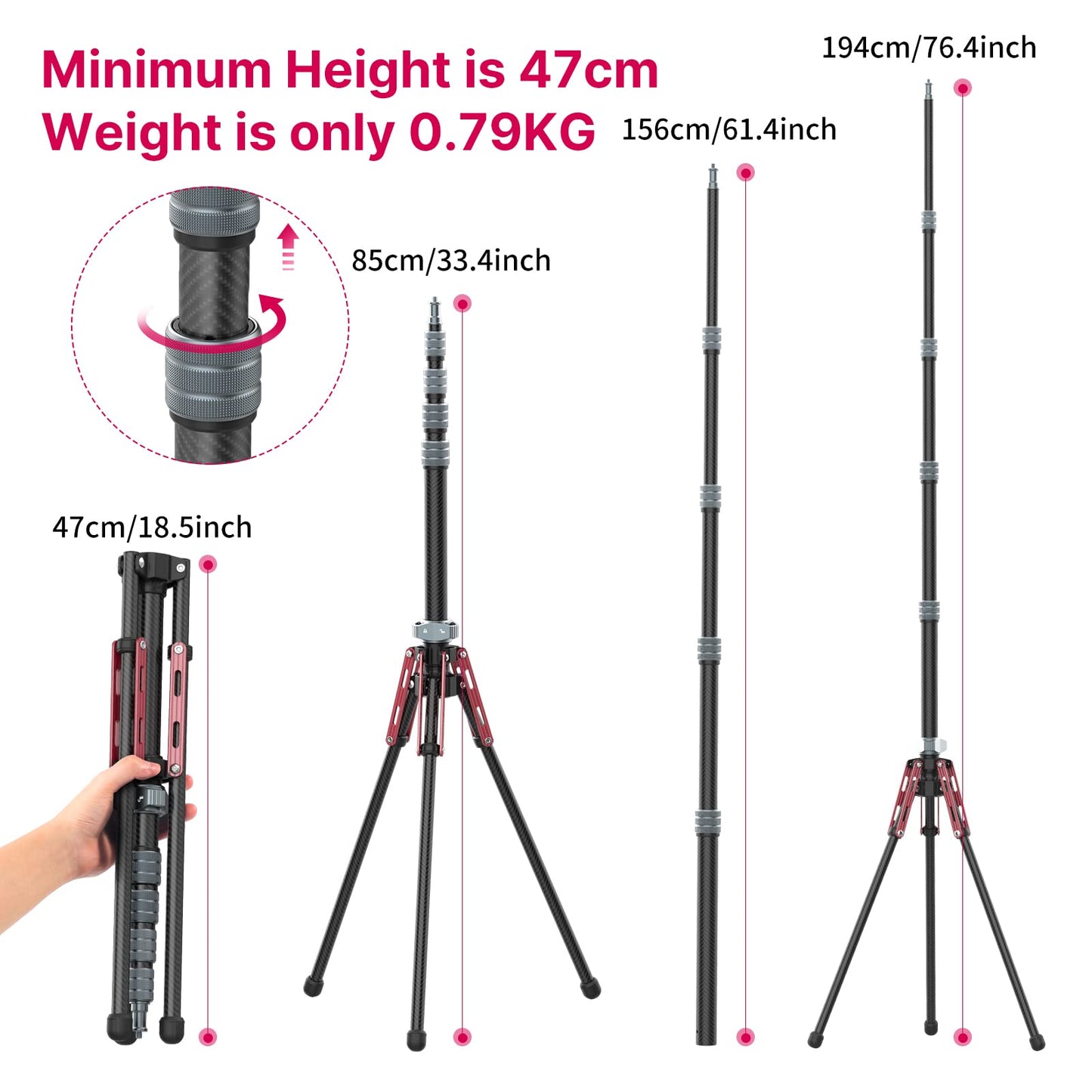 Ulanzi Light Stand Carbon Fiber Mt-49, Adjustable Tripod Stand For Photography With Phone Clip, 194Cm/76.4Inch Studio Sturdy Tri