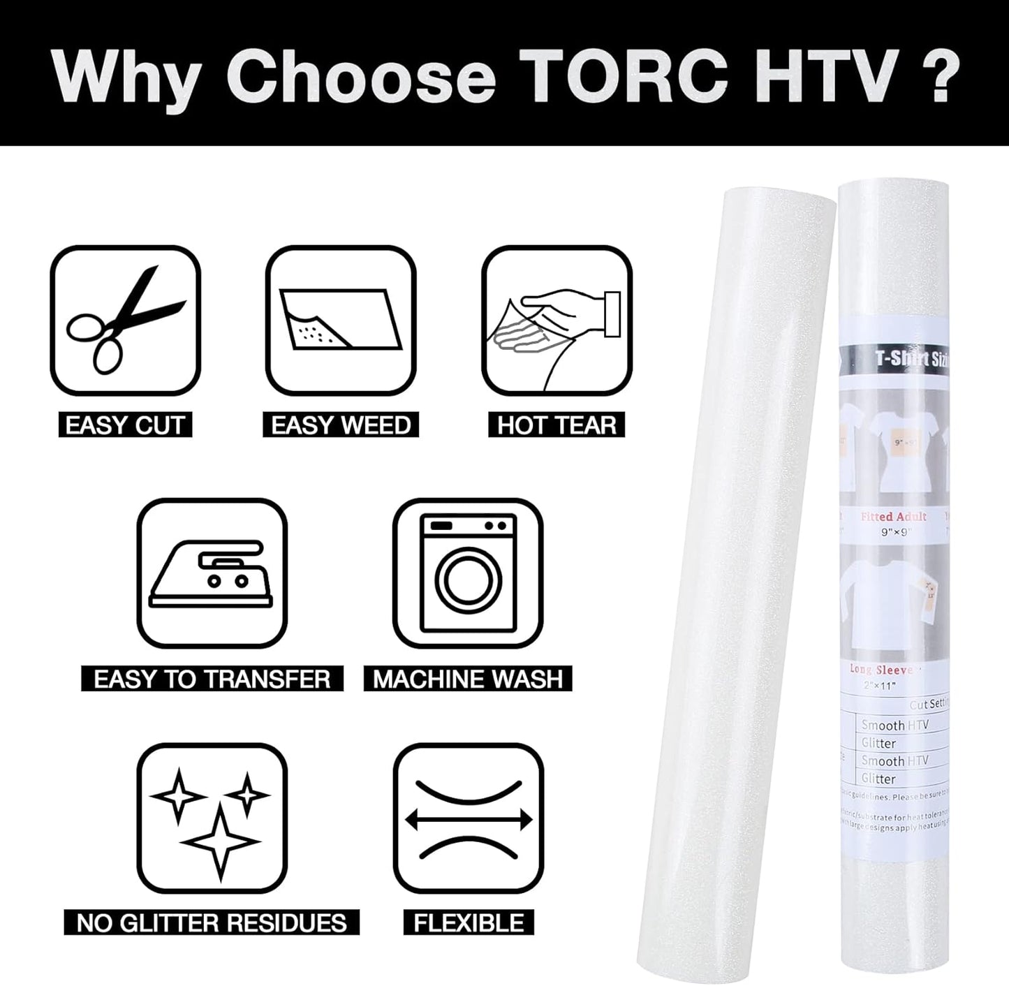 TORC White Glitter HTV Heat Transfer Vinyl Rolls Iron on Vinyl for T Shirts Crafts Total 12 inch x 10 ft