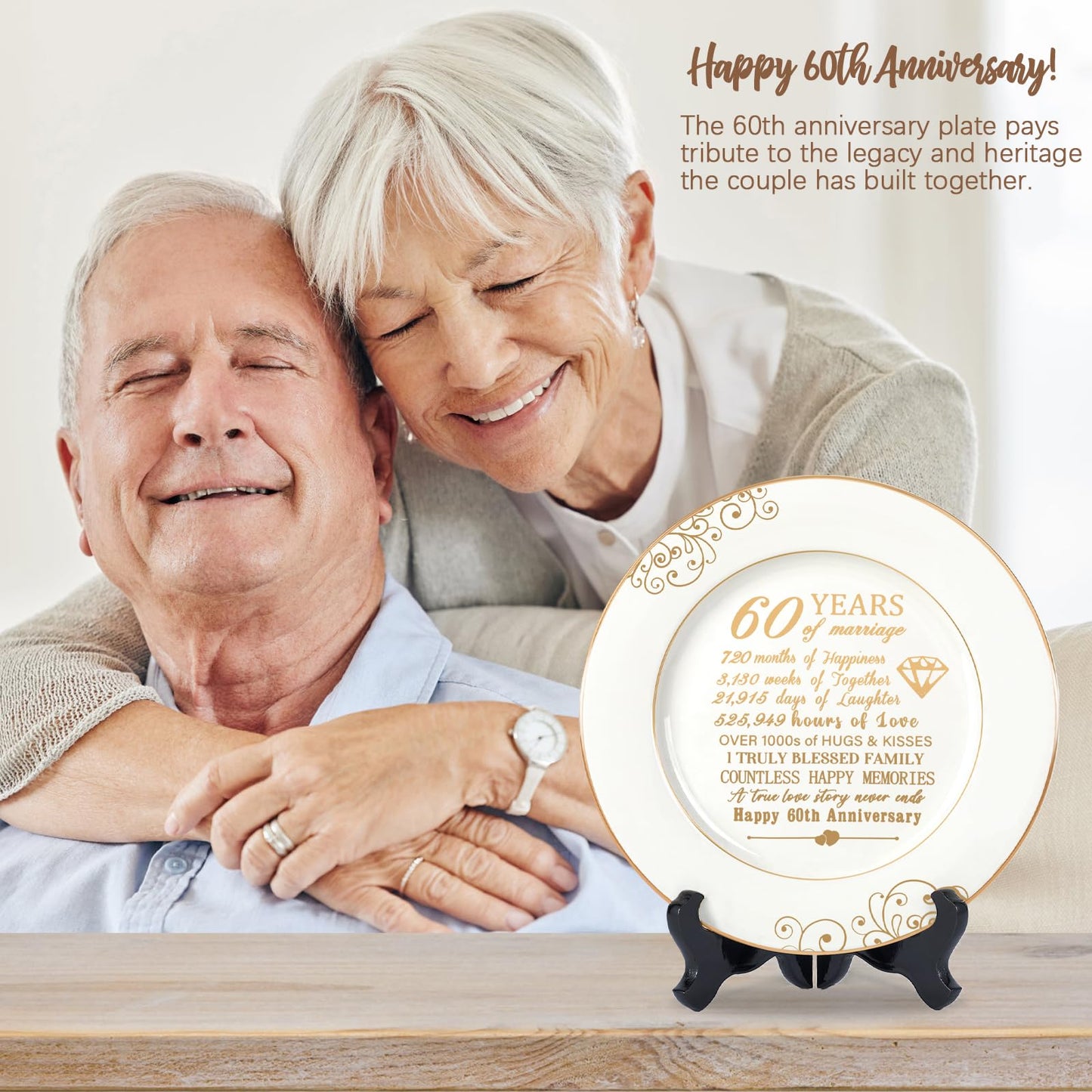 Urllinz 60th Anniversaty Plate with 24k Gold Foil - 60 Year Diamond Anniversary Wedding Gifts for Parents Couple Grandparents, Ceramic 9"