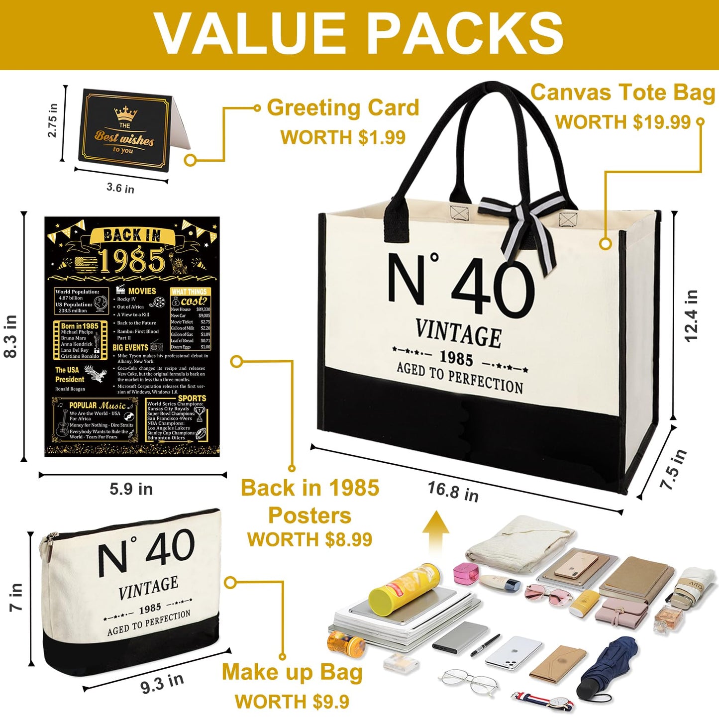 40th Birthday Gifts for Women Canvas Tote Bag Travel Gear, Unique 40 Years Old Birthday Gifts for Her Mom Wife Aunt Friends, Vintage N40 Handbag & Cosmetic Bag & Back in 1985 Poster