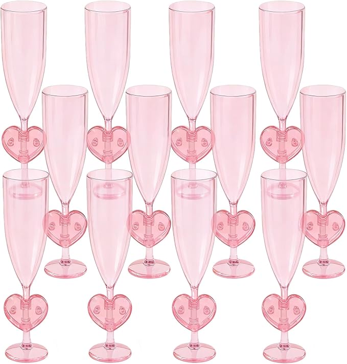 Irosiy 12-Pack Pink Heart Stem Plastic Champagne Flutes - Sweet Romantic Cups for Bridal Showers, Baby Showers, Valentine’...