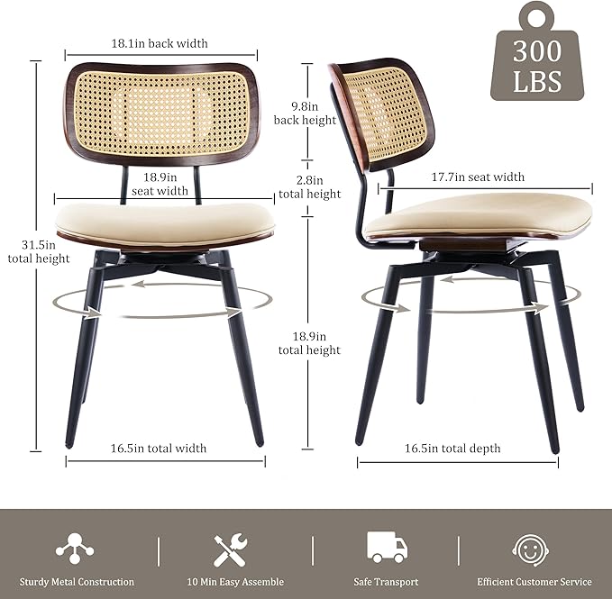 Quenvo Swivel Dining Chairs with Rattan Back, Rattan Leather Dining Chairs with Swivel Metal Legs, Mid-Century Modern Synthetic Leather Upholstered Kitchen Chair, Set of 4, Beige