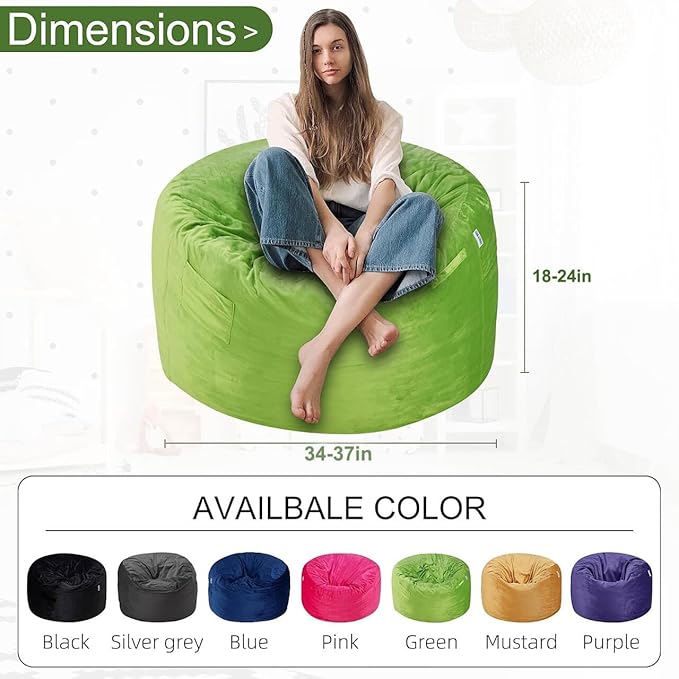 HABUTWAY Bean Bag Chair 3Ft Luxurious Velvet Ultra Soft Fur with High Rebound Memory Foam Bean Bag Chairs for Adults Plush Lazy Sofa with Fluffy Sponge 3' (Lime)