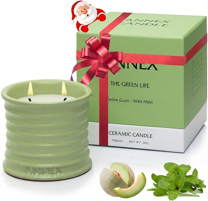 Scented Luxury Candles Outdoor Mosquito Bug Repellent Ceramic Jars, Soy Wax | The Green Life, Large Natural Candle - Green Melon & Peppermint | Non Toxic, 2 Wicks, Reusable Jar