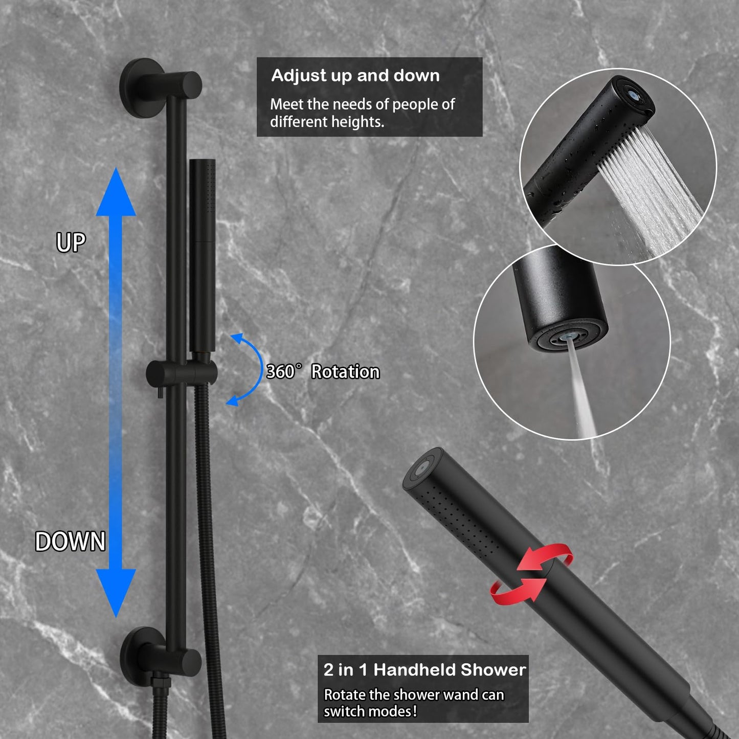 HONGTONGSOWER Shower Faucet Set Matte Black Shower System Temperature Display Diverter Shower Valve and 2 in 1 Handheld with Slide Bar, 12 Inch Ceiling Shower Head with 8 Inch Wall Mount Shower Head