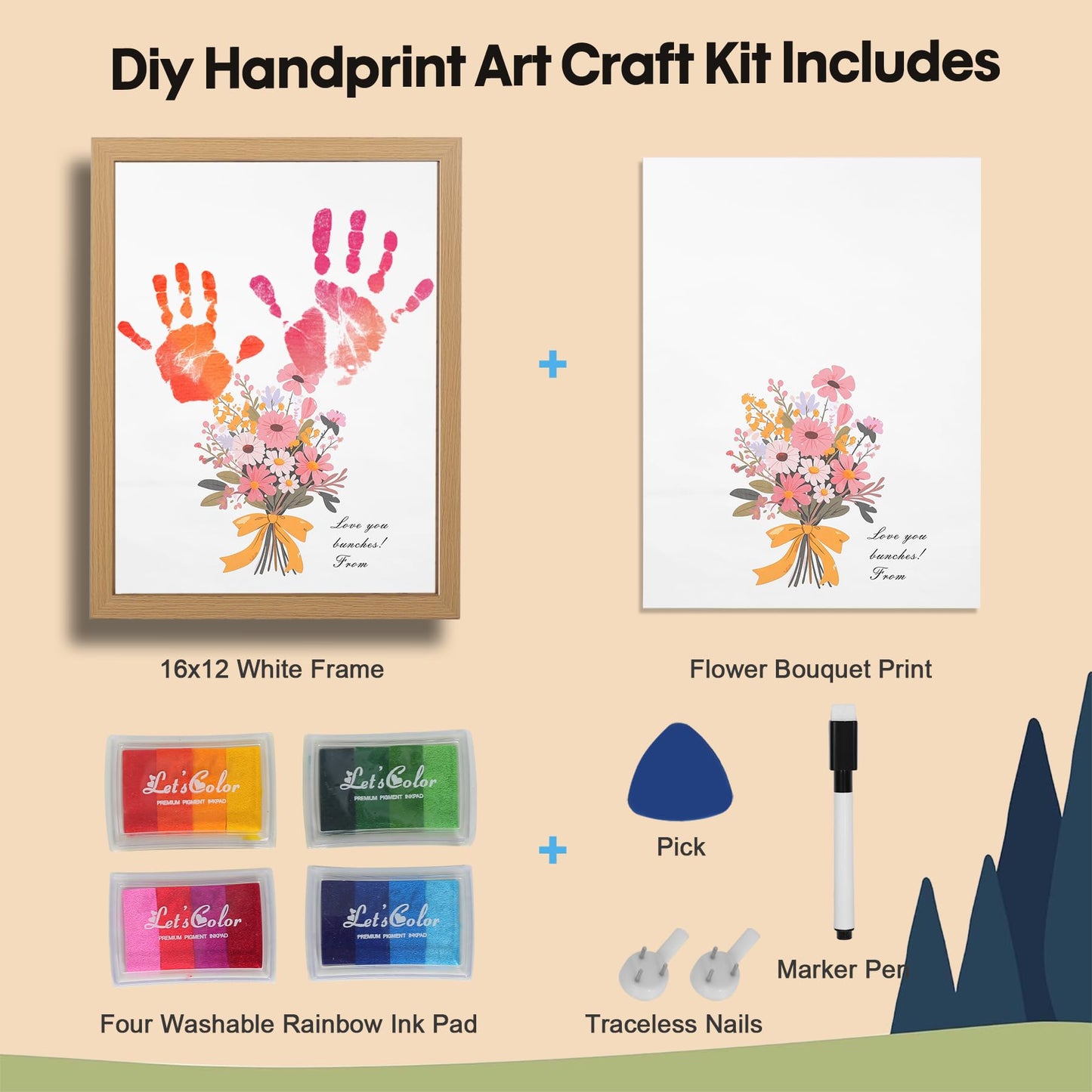 Bixinyo Flower Bouquet Handprint Kit, Mother's Day Gifts for Grandma, Mom, Grandparents from Daughter/Kids, Unique Gifts for Birthday Christmas, DIY Art Craft 12" X 16" Frame (Bow, Brown)