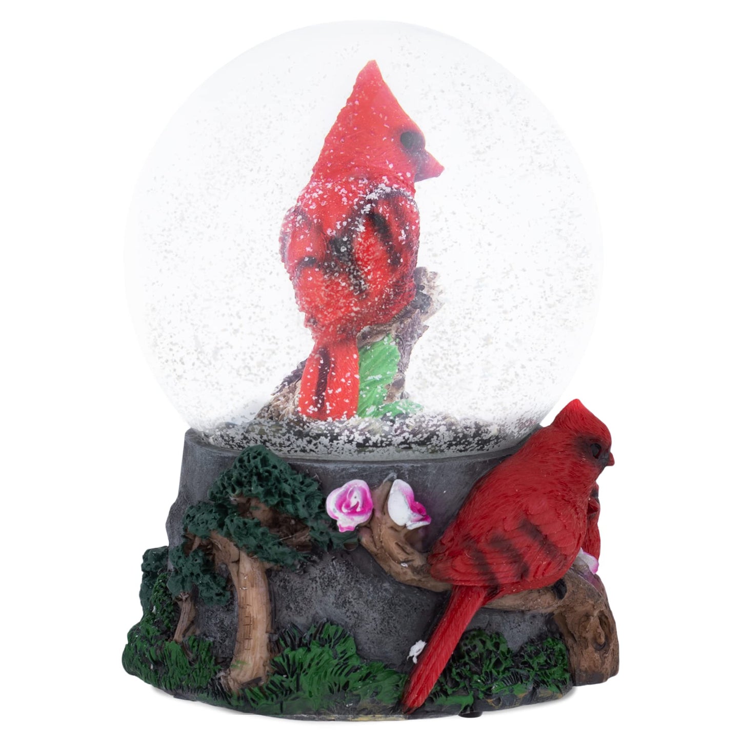 Elanze Designs Spring Blossom Cardinal Birds 100MM Sturdy Wind Up Musical Glitter Water Snow Globe Figurine Decoration Plays Tune Wonderful World
