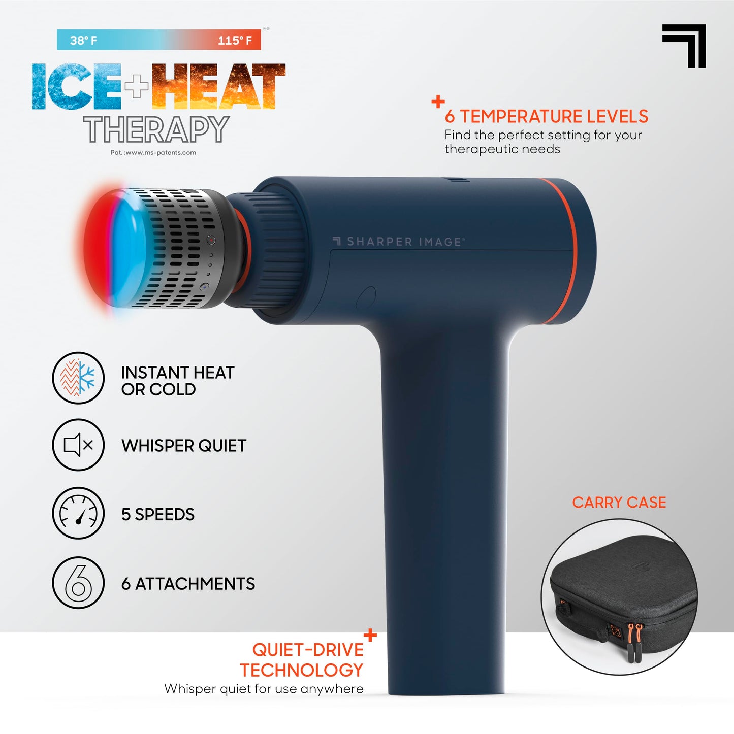 Sharper Image Deep Tissue Percussion Massage Gun, Powerboost Versa Hot & Cold Rechargeable Handheld Massager, 5 Adjustable Speeds, 6 Attachment Heads & Carrying Case, for Muscle Pain Relief, Blue