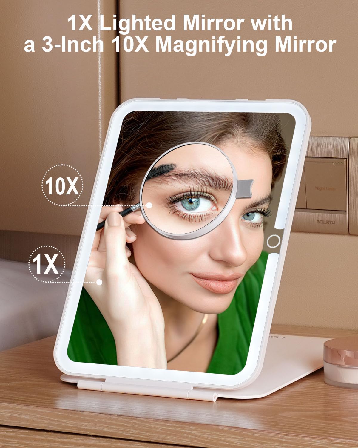 LUKYMIRO 7x9.5 Inches Lighted Travel Mirror with 10X Magnifying Round Mirror, Rechargeable Battery, USB-C Charging, 78 LEDs, Tab