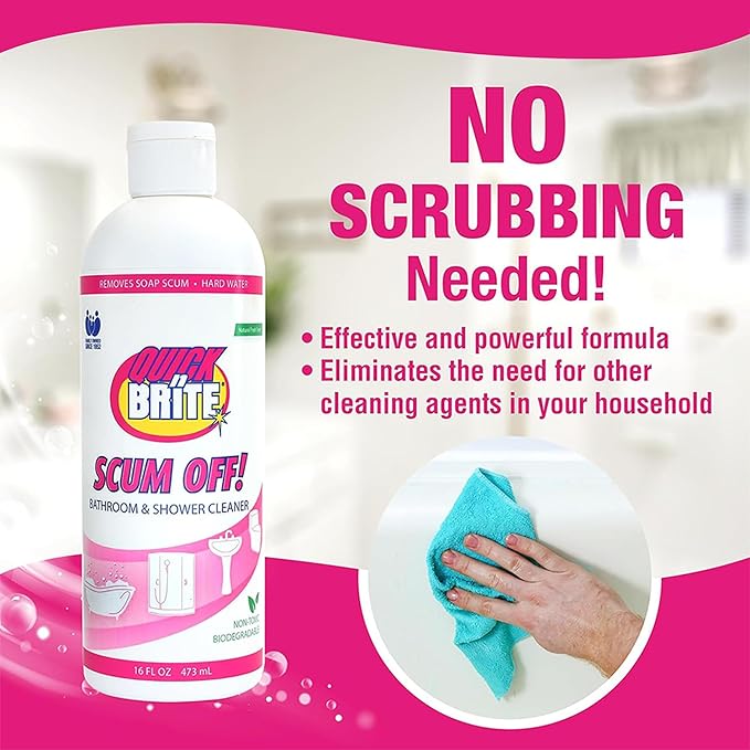 Quick 'n Brite Scum Off Shower Cleaner - No Scrub, No Harsh Chemical Daily Shower Cleaner, Multi-Surface All-Purpose Cleaner 16 Oz (Packaging May Vary)