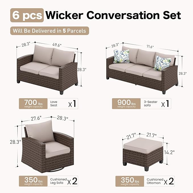 SUNSHINE VALLEY Swivel Glider Patio Furniture Set Outdoor Furniture Brown Wicker Rattan Patio Conversation Sets with Cushion Outside Sofa Set,6 Pieces 9 Seats,Beige