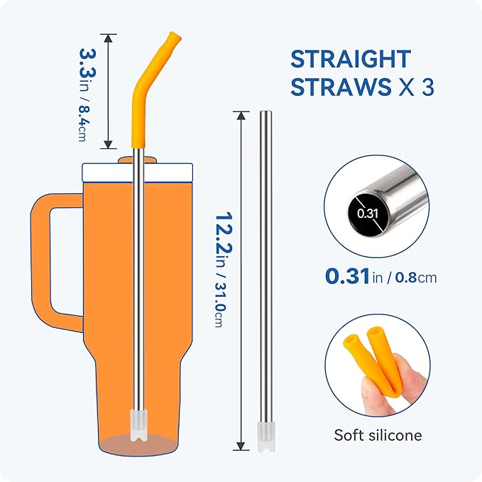 Reusable Metal Straws with Silicone Tip for Stanley 40oz,Stainless Steel Drinking Straws for 40oz Tumbler,3 Straight Tubes & 6 Tips& 1 Cleanr Brush(Goldenrod)