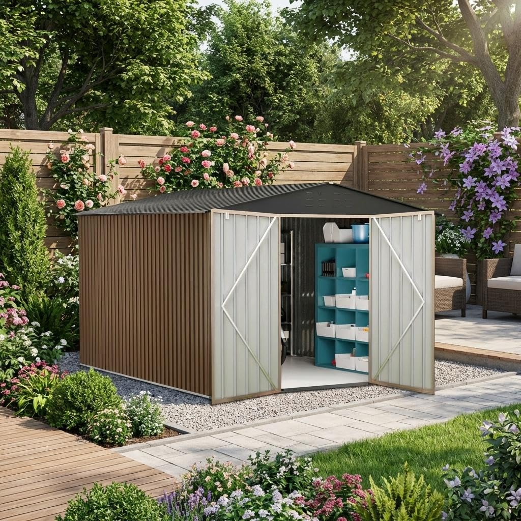 Outdoor Metal Storage Shed, 10x12ft Galvanized Steel Garden Tool Shed with Lockable Doors, Extra Large Outdoor Storage Sheds for Patio Lawn Backyard Outside Use, Brown