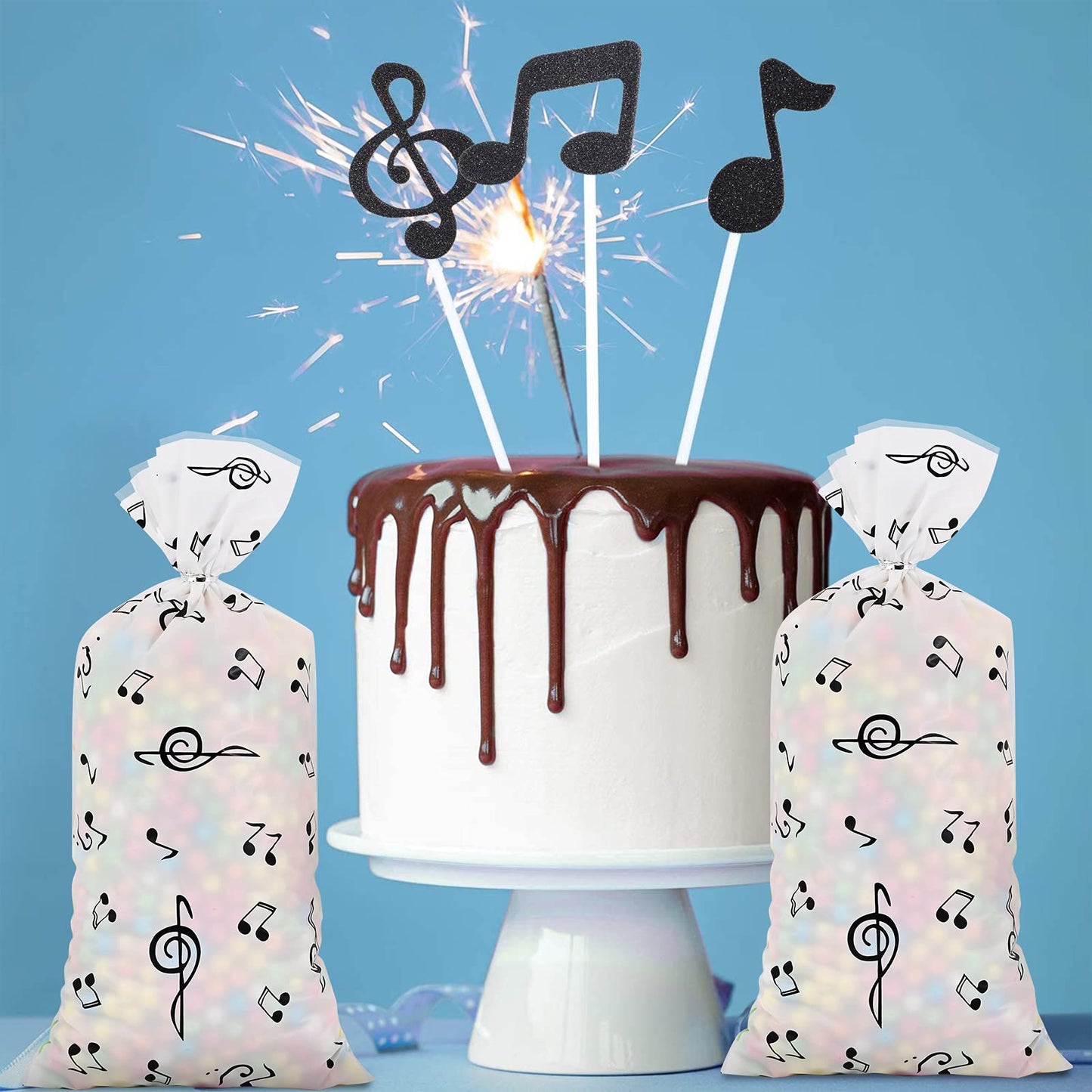 Lecpeting 100 Pcs Music Notes Treat Bags Music Cellophane Candy Bags Musical Party Favor with Twist Ties for Birthday Party Supplies
