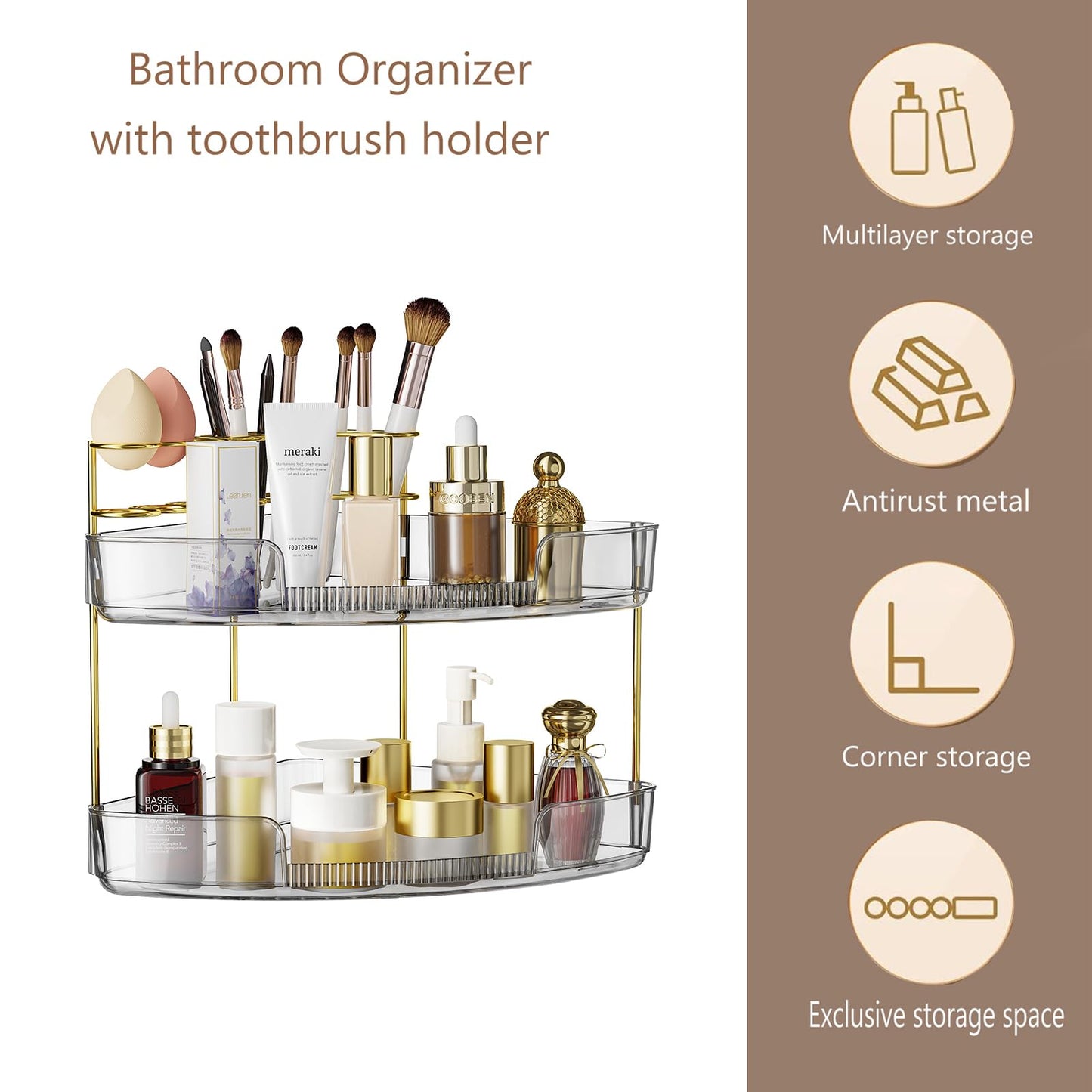 FELIZHOUSE 2-Tier Makeup Organizer for Vanity & Bathroom Countertop - Acrylic Storage Shelf with Perfume Tray & Makeup Brush Hol