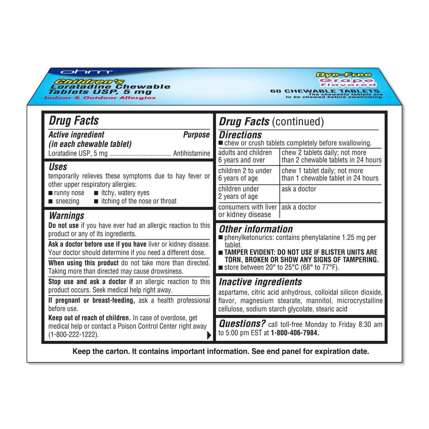 Ohm Children's Allergy Medicine, Loratadine 5mg, Chewable Tablets (60 Count) Grape Flavor, Non-Drowsy Antihistamine, 24-Hour Allergy Relief for Runny Nose, Watery Eyes, Itchy Throat & Nose