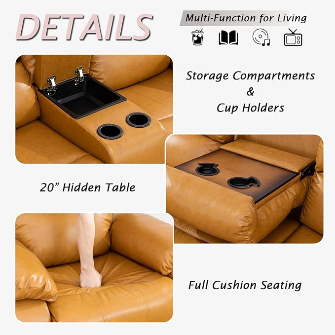 Caberryne Leather Recliner Sofa Set, 2 Pieces, Ginger, Modern Style, Bonded Leather, Sofa & Loveseat, Manual Recline, 82x37x40 inches, 1200 pounds