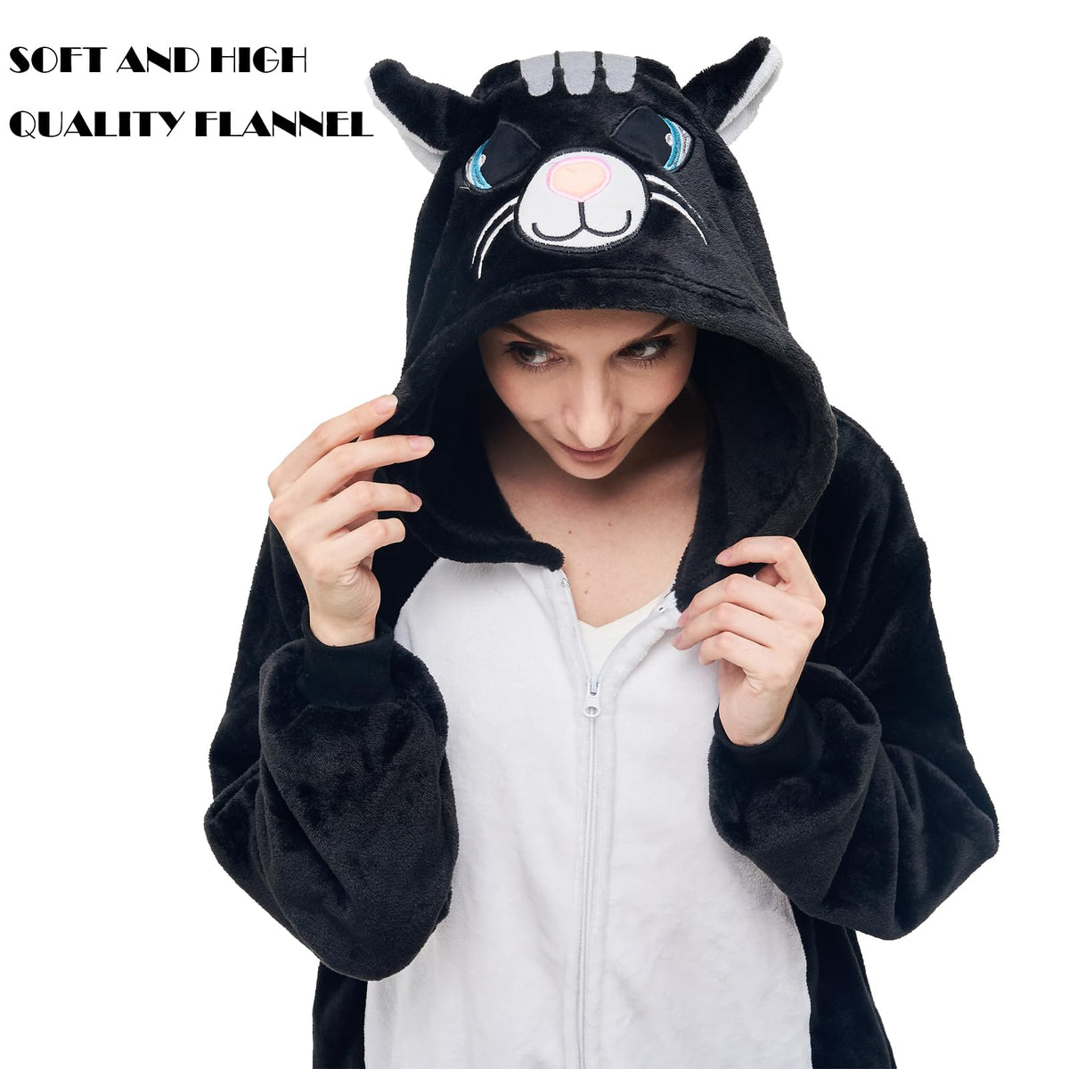 NEWCOSPLAY Unisex Adult Black Cat Onesie Pajamas Animal One Piece Costume Cosplay Sleepwear (Black Cat, Small)