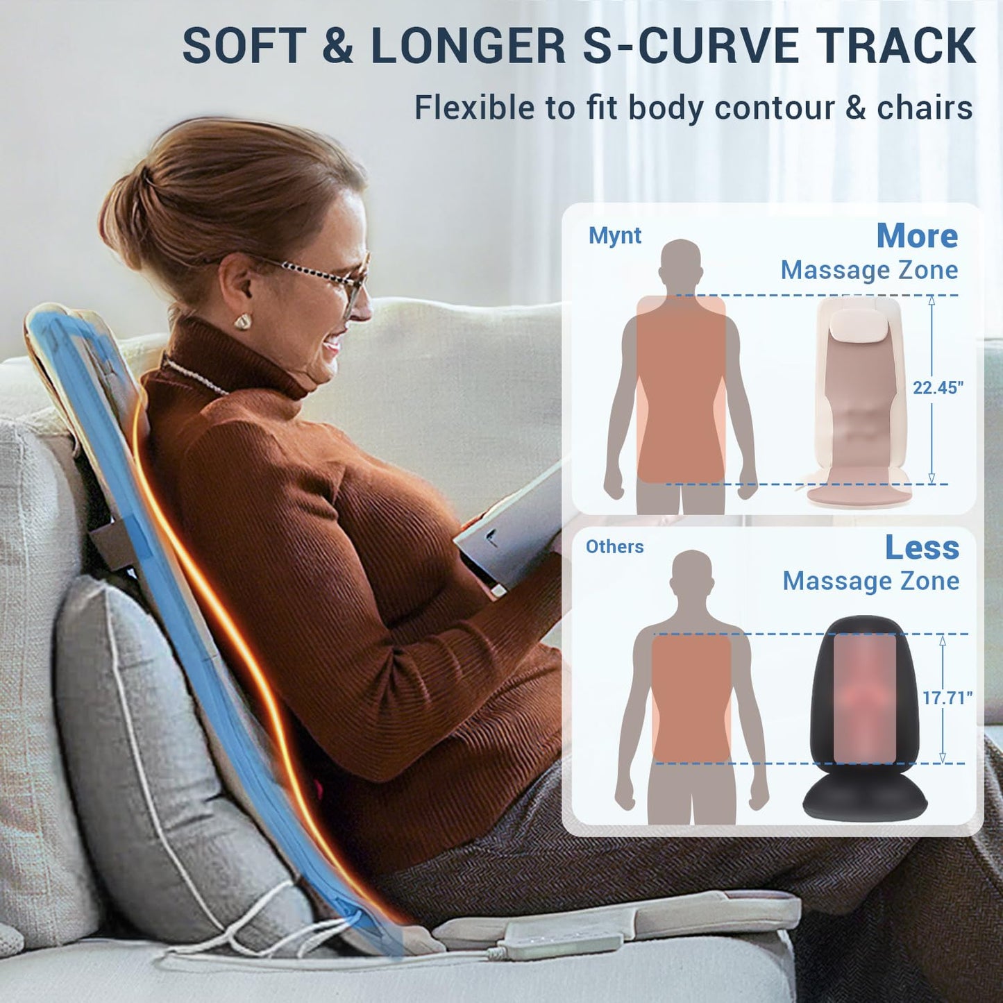 Mynt FSA Eligible HSA Approved Back Massager for Chair, Foldable Back Massager with Soothing Heat, Flexible Massage Chair Pad with Soft S-Curve Longer Track, Portable Rolling & Spot Chair Massager