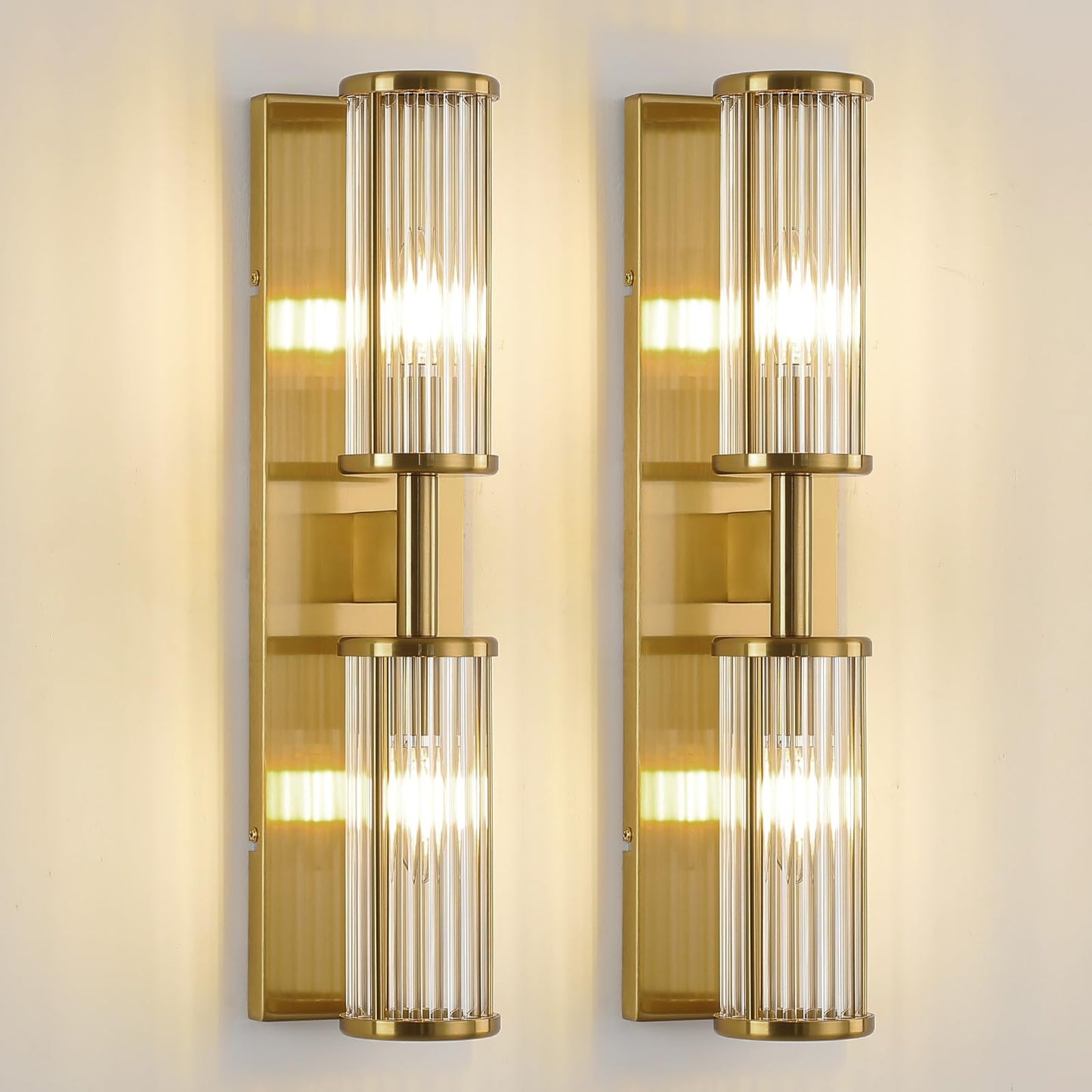 ECOBRT Set of 2 Brushed Brass Vanity Lights, Industrial Bathroom Wall Sconces with Glass Shades for Mirror Lighting