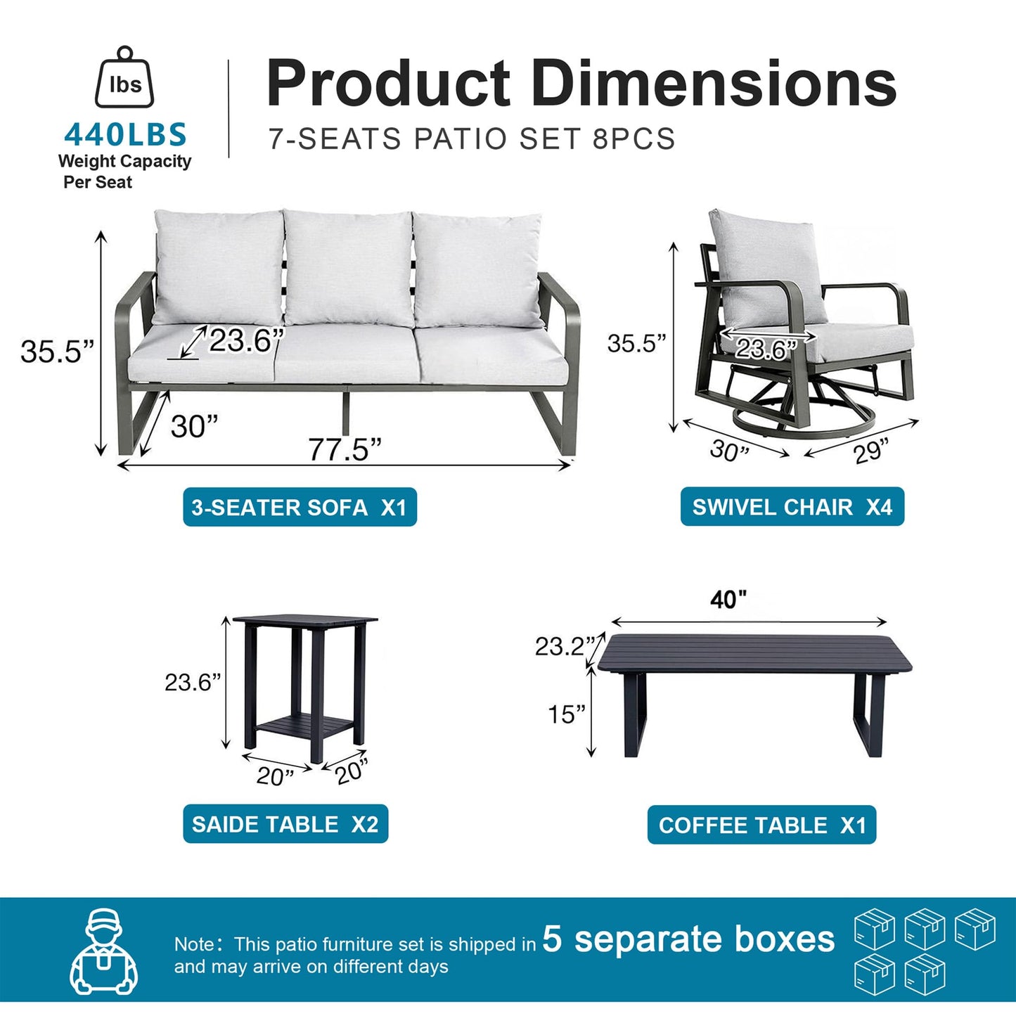 Outdoor Patio Metal Furniture Set 8 Pieces, Luxury Aluminum Outdoor Conversation Set, Aluminum Patio Outdoor Metal Furniture Set for Backyard, Garden, Poolside, Sunroom, Deck