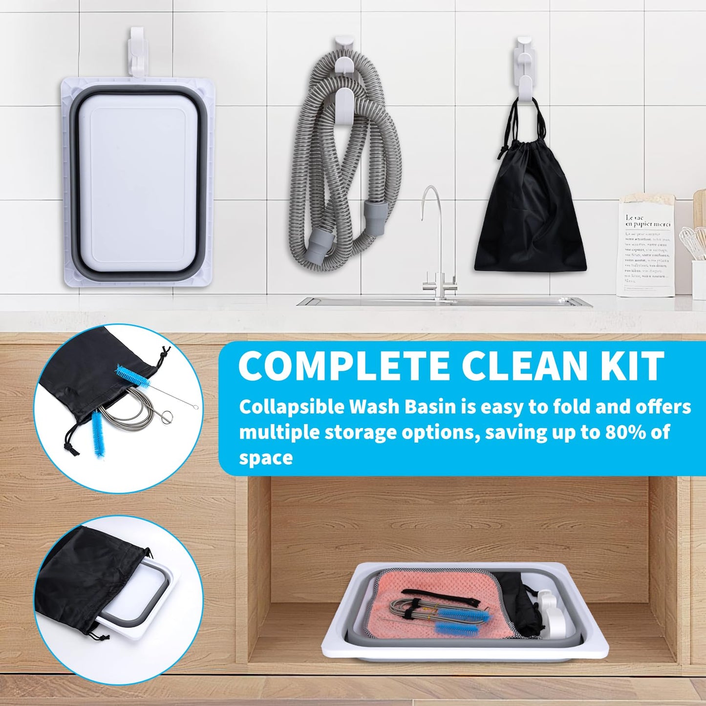 XGKHOM Upgraded CPAP Cleaning Kit, 7 ft Tube CPAP Cleaner Brushes for 15mm, 20mm and 22mm Hoses, CPAP Cleaning Supplies for Hose and Mask, Includes Collapsible Wash Basin, Hose Holder Hangers & Clips