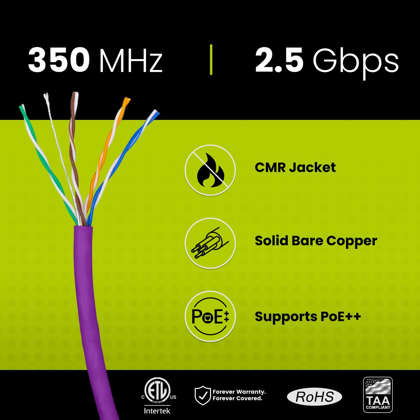 Truecable Cat5E Riser (Cmr), 1000Ft, Purple, 24Awg 4 Pair Solid Bare Copper, 350Mhz, Poe++ (4Ppoe), Etl Listed, Unshielded Twist