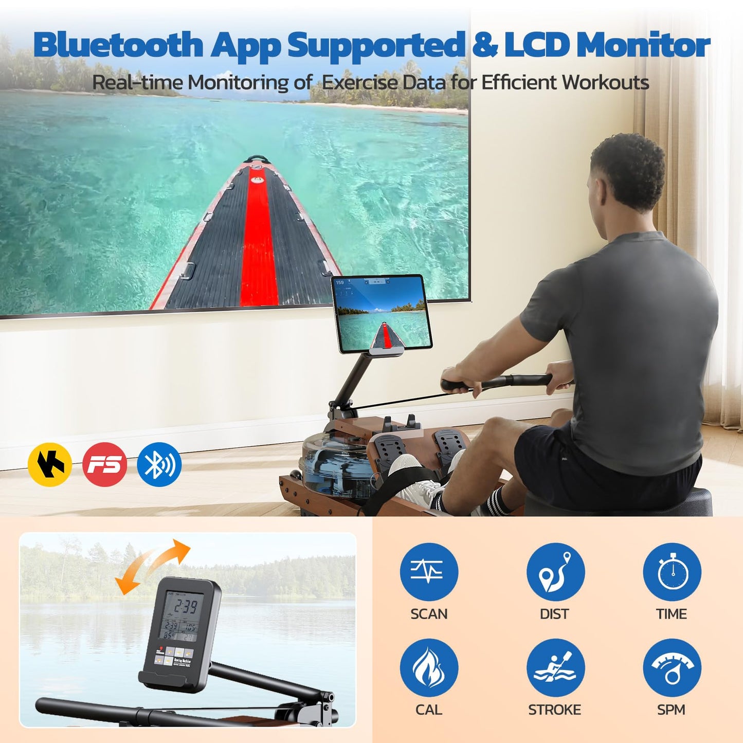 Dripex Water Rowing Machines for Home Use, Foldable Row Machine with 400LBS Weight Capacity, Rower Machine with Dedicated LCD Monitor, Comfortable Seat, Bluetooth App Compatible for Home Gym Exercise