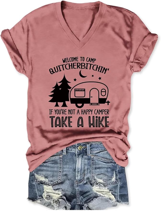 Camp Shirts Women Funny Camping Graphic Tees Welcome to Camp Quitcherbitchin T-Shirt Tees V Neck Tops