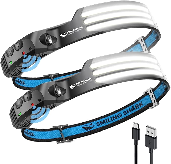 Smiling Shark LED Headlamp, 230°Wide Angle 3*White Light 2 Pack The Brightest Head Lamp Rechargeable Motion Sensor Waterpr...