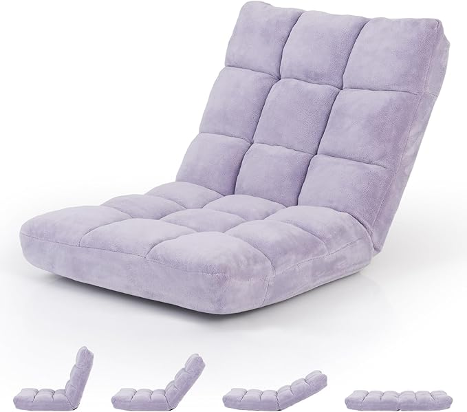 MAT EXPERT 14-Position Floor Chair, Floor Gaming Chair w/Soft Coral Fleece, Alloy Steel Frame, Padded Lazy Couch Recliner, Floor Chair w/Back Support for Reading, Meditating (Light Purple)