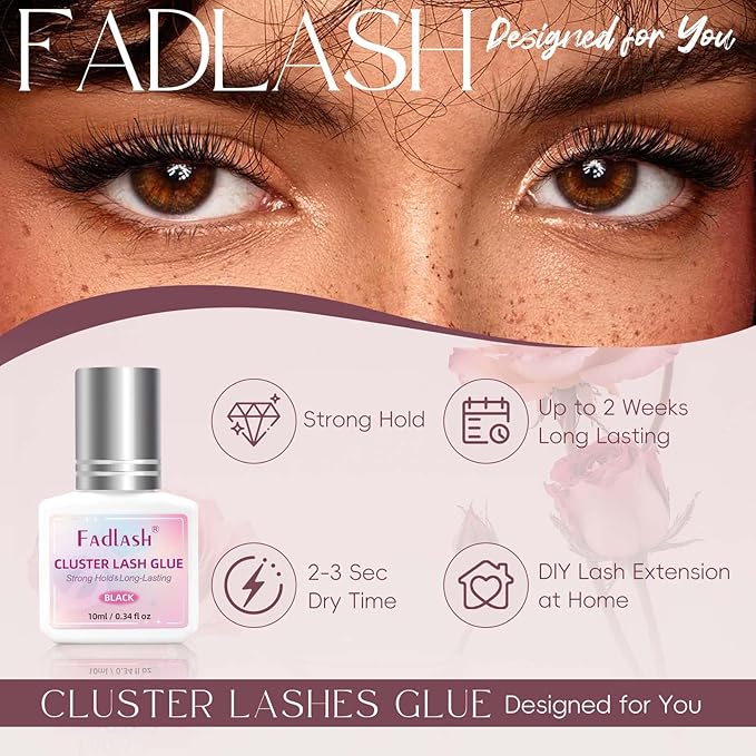 FADLASH Lash Cluster Glue Black Eyelash Glue for DIY Lash Extensions Waterproof 2-3s Fast Drying 2 Weeks Retention Long-Lasting at Home (10ml)