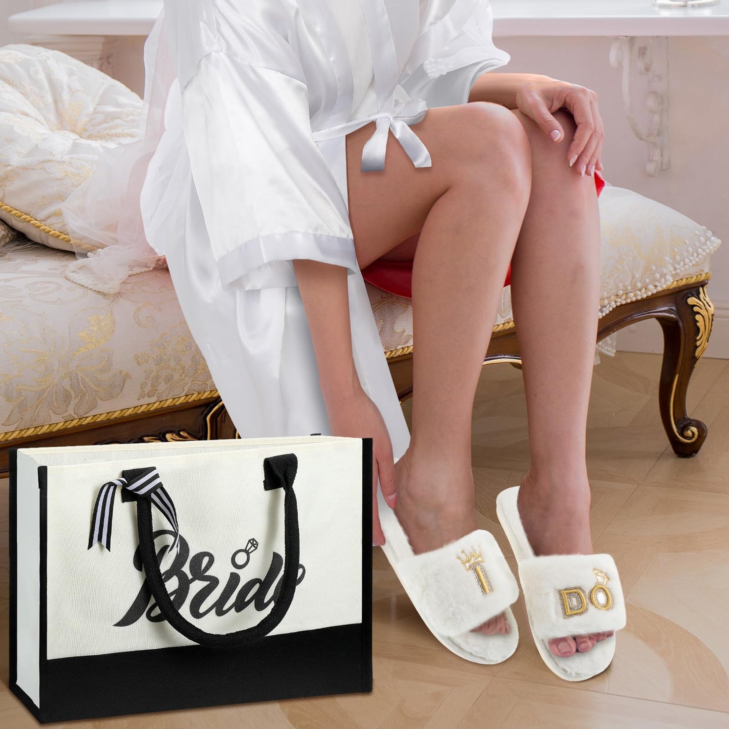 Berlune 14 Pcs Bride Gifts Box Sets Short Satin Robes Canvas Tote Bag Stainless Steel Tumbler Slippers for Wedding