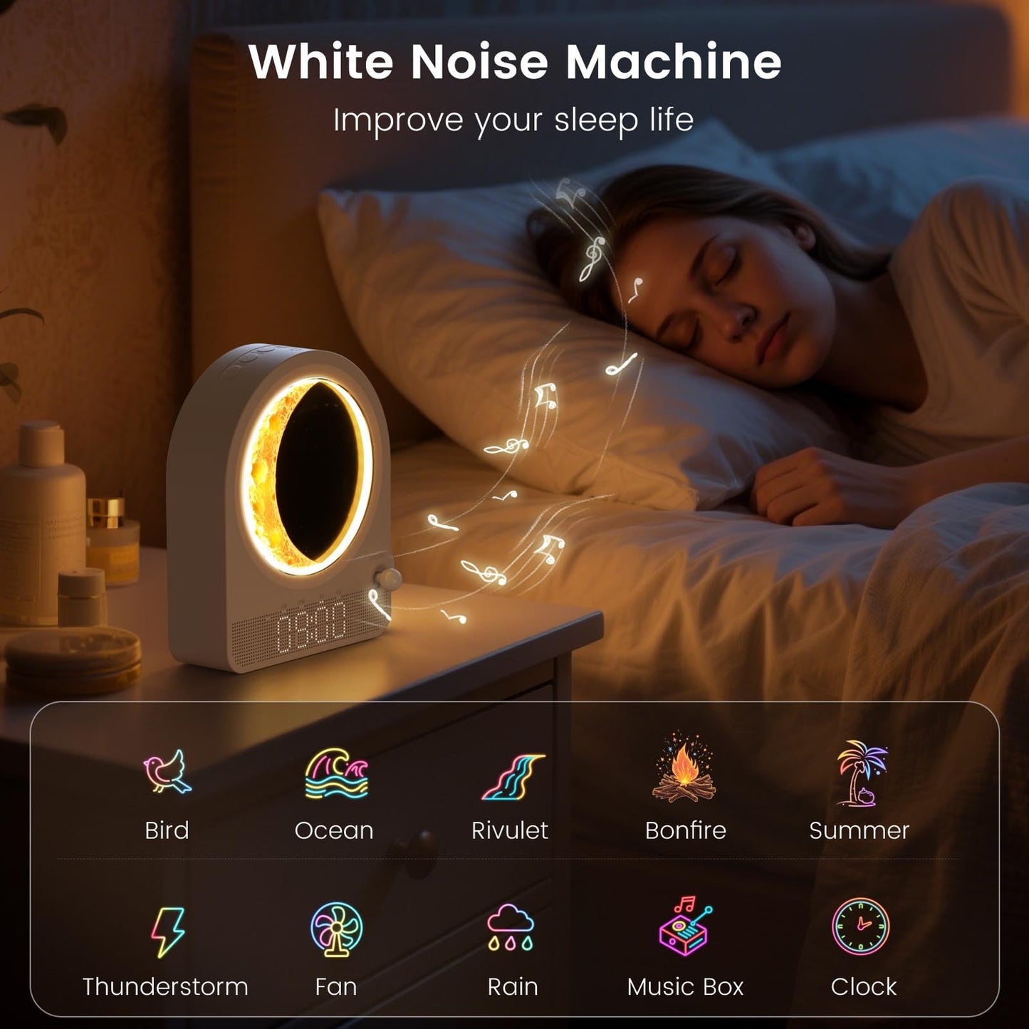 Epochleno Sunrise Alarm Clock, White Noise Machine & Meteor Moonlight - 10 Soothing Sounds, Dual Alarms, 30/60/90min Timer, Easy Snooze - Bedroom Gift for Insomnia Adults/Women - White