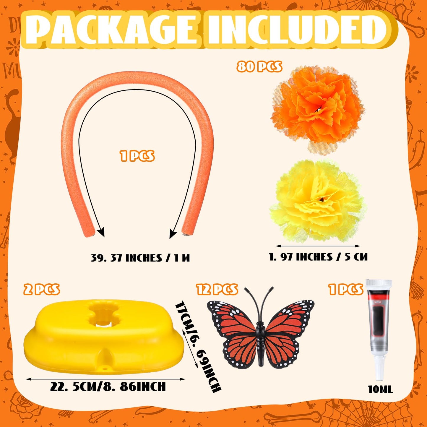 Juinte Day of The Dead Marigold Arch Kit Marigold Flowers Heads Bulk Includes 80 Silk Artificial Flowers 40 Inch Table Arch Kit with 12 Pcs 3D Butterfly for Dia De Los Muertos Indian Diwali Altar DIY