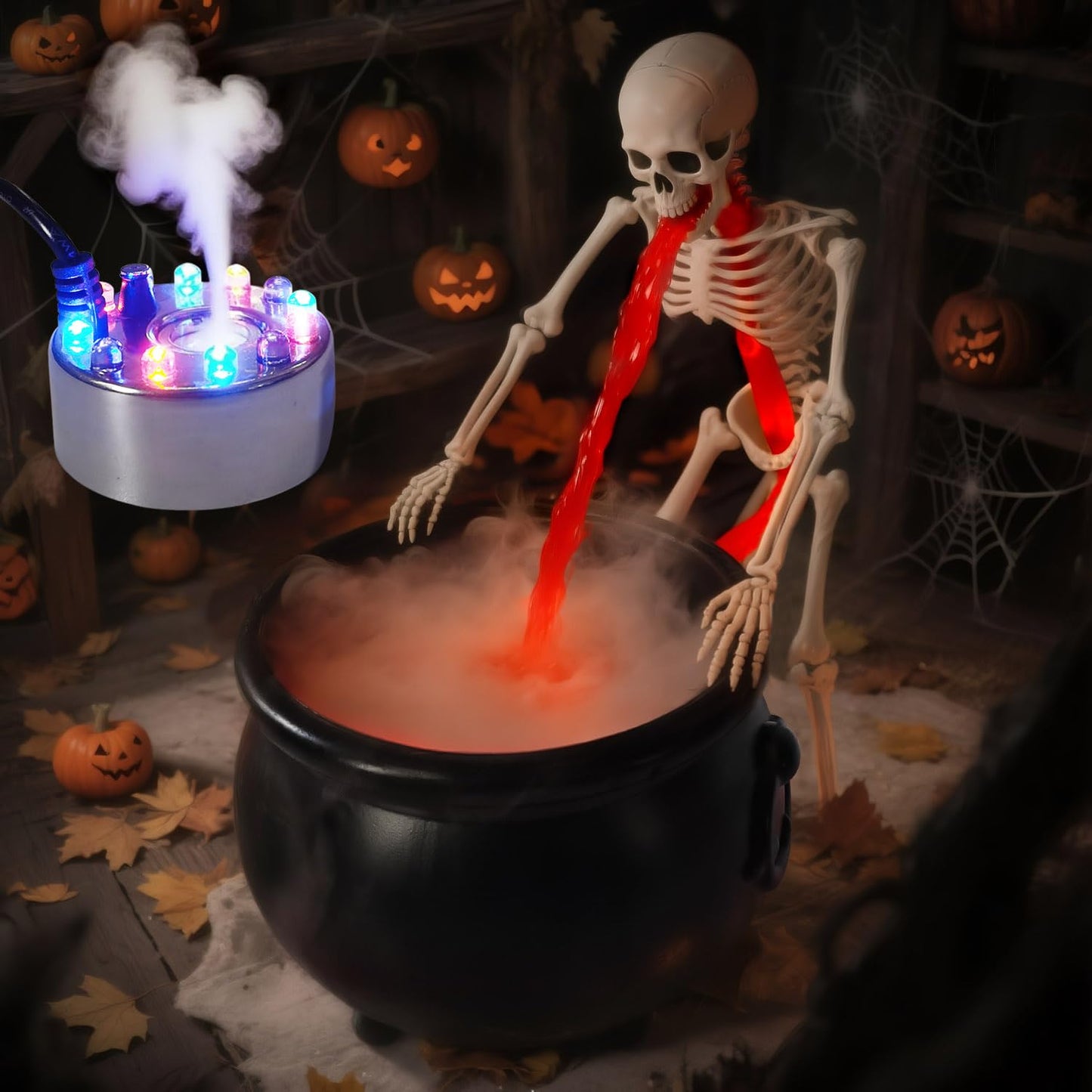 Halloween Decoration, Ultrasonic Mist Maker Fogger with Black Witch Cauldron Halloween Skeleton Splash Guard, Spooky Hocus Pocus Party Halloween Decor for Home Table Kitchen Garden