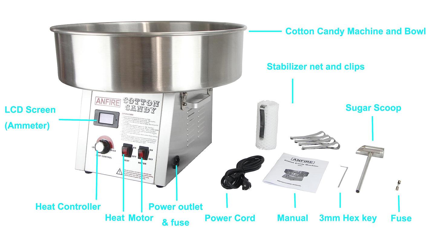 ANFIRE Commercial Professional Cotton Candy Machine 5" Spinner Head with 24" Metal Bowl and Floss Stabilizer Net