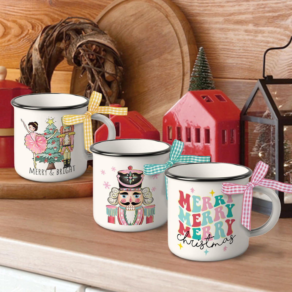 Paayna Merry Christmas Nutcracker Mini Coffee Mug Set of 3, White Xmas Tree 5 oz Mini Coffee Cups for Tiered Tray Decor, Winter Holiday Kitchen Coffee Bar Decorations Housewarming Gift