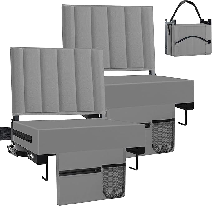 Aliphon Stadium Seat for Bleachers with Back Support and Cushion, Bleacher Seats with Shoulder Strap and Cup Holder, Padded Portable Folding Comfort Stadium Chair, for Sports Events, Grey (2pcs)