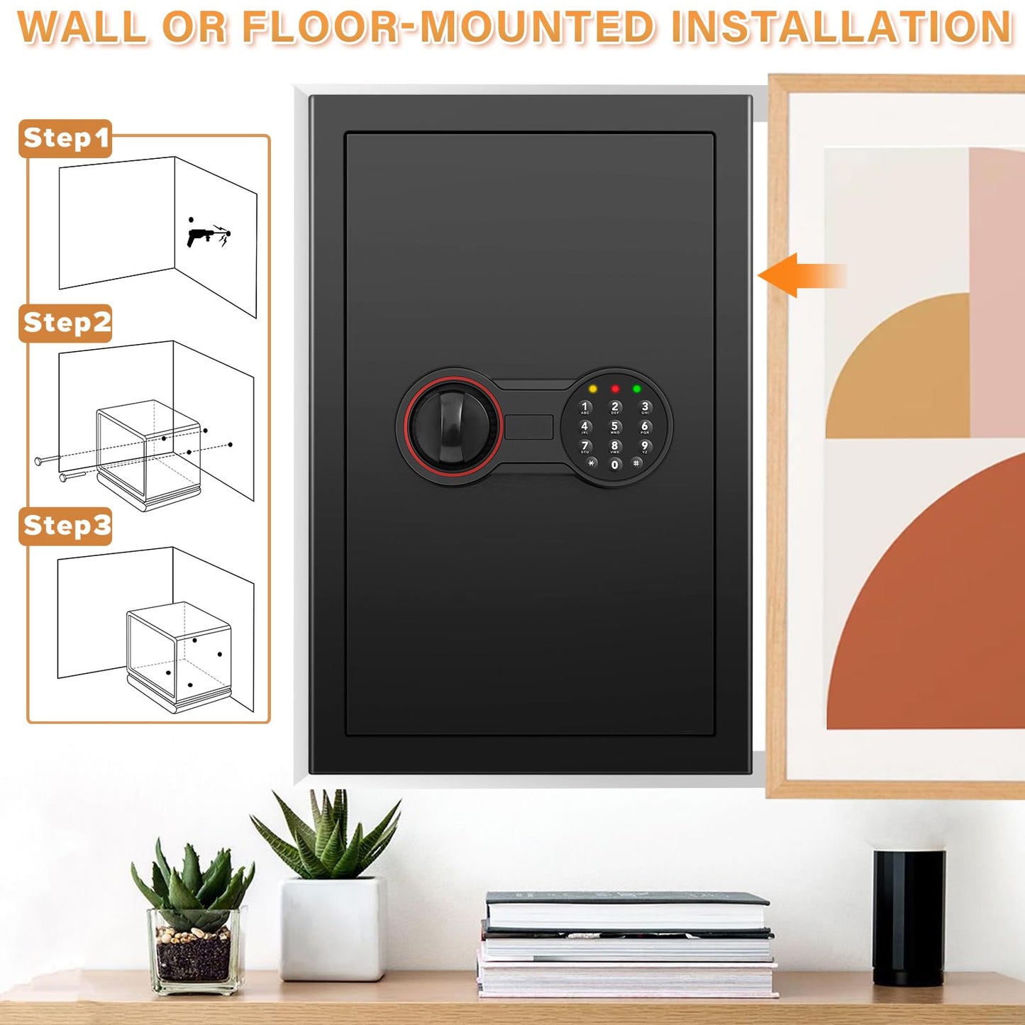 [23.6" Tall] Large Safe Box with LED Light, Anti-theft Home Safes with Programmable Keypad, Spare Keys and 3 Removable Shelves, Digital Security Safes for Home Money Firearm Documents Medicines