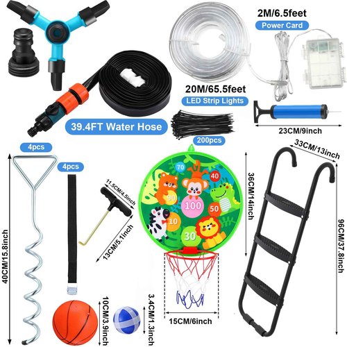 Gemscream Trampoline Accessories Kit, 3 Step Trampoline Steps 72ft 200 LED Lights 4 Stakes with 4 Belt, T Shaped Hooks, 39.4ft Sprinkler Basketball Hoop Dartboard