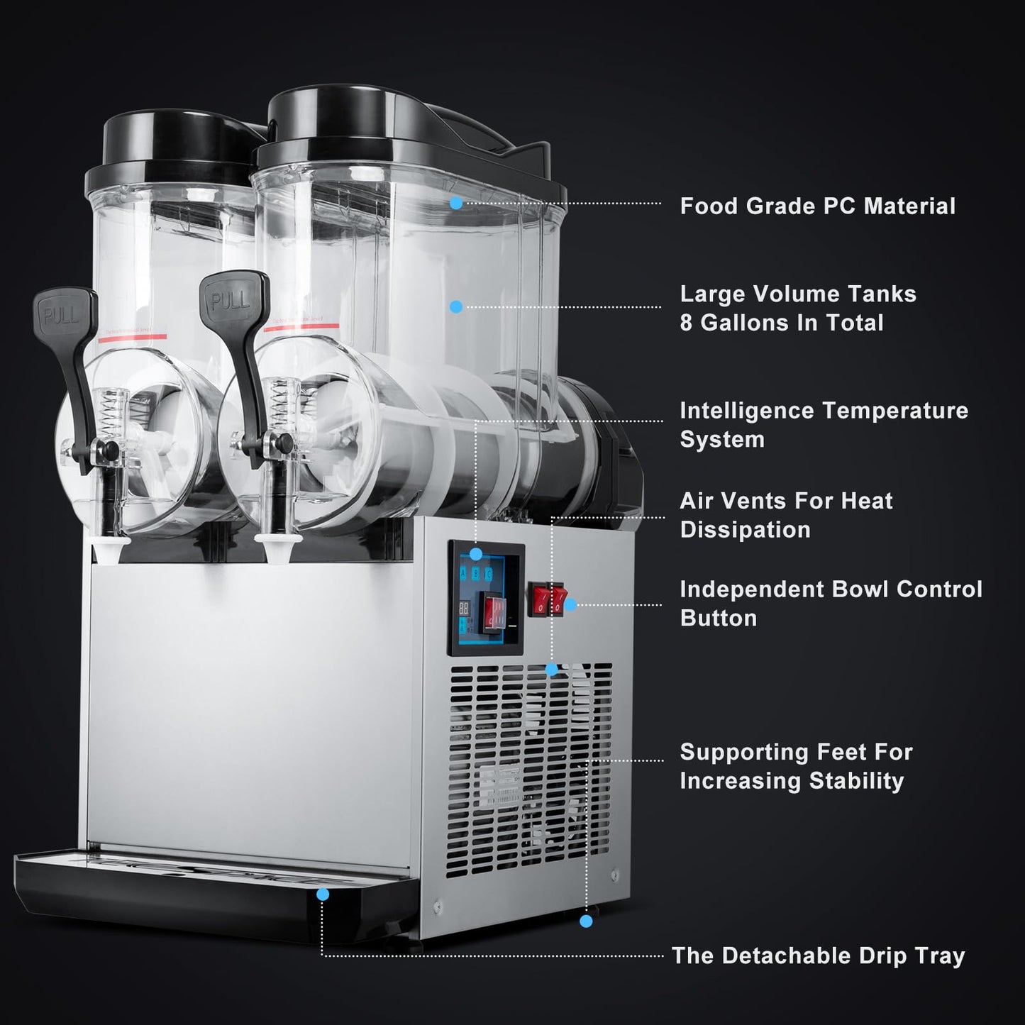TECSPACE Slushy Machine 2 Tanks 8 Gallons, Commercial Slushy Machine 1060 W, 30L Slushy Maker for Margarita, Cocktail, Wine, Daiquiri